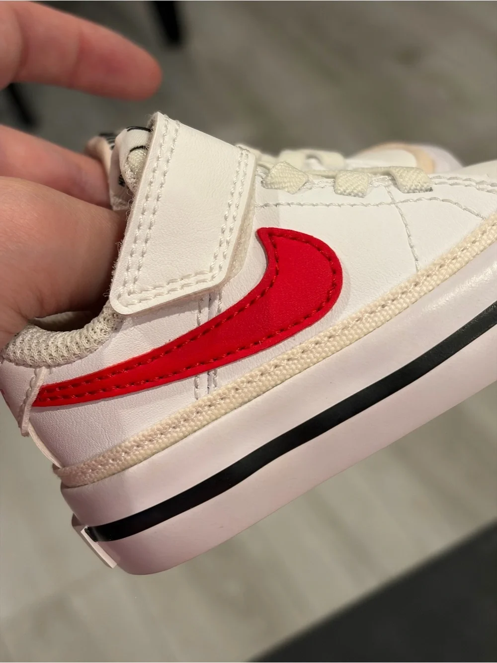 Nike Kids White Sneaker with Red Swoosh - Velcro Strap